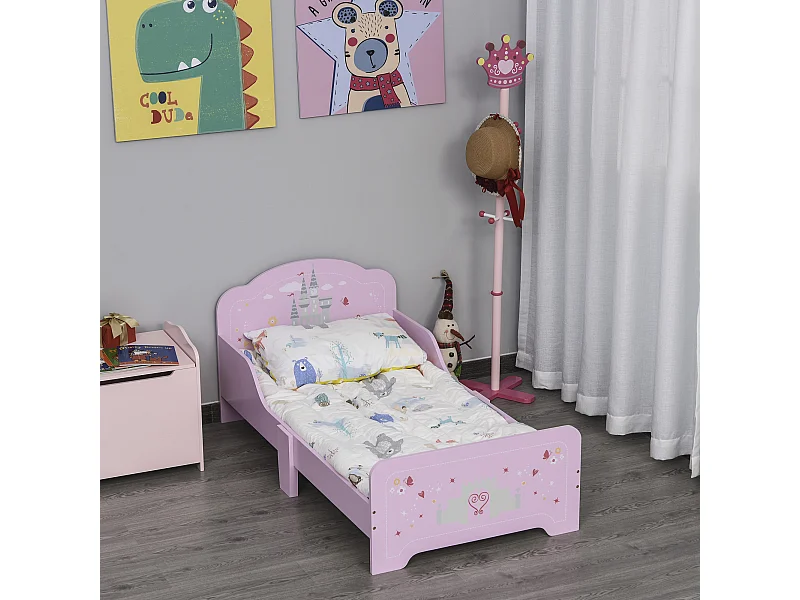 Lit enfant - lit d'enfant design princesse motif château - sommier à lattes inclus - MDF contre-plaqué rose