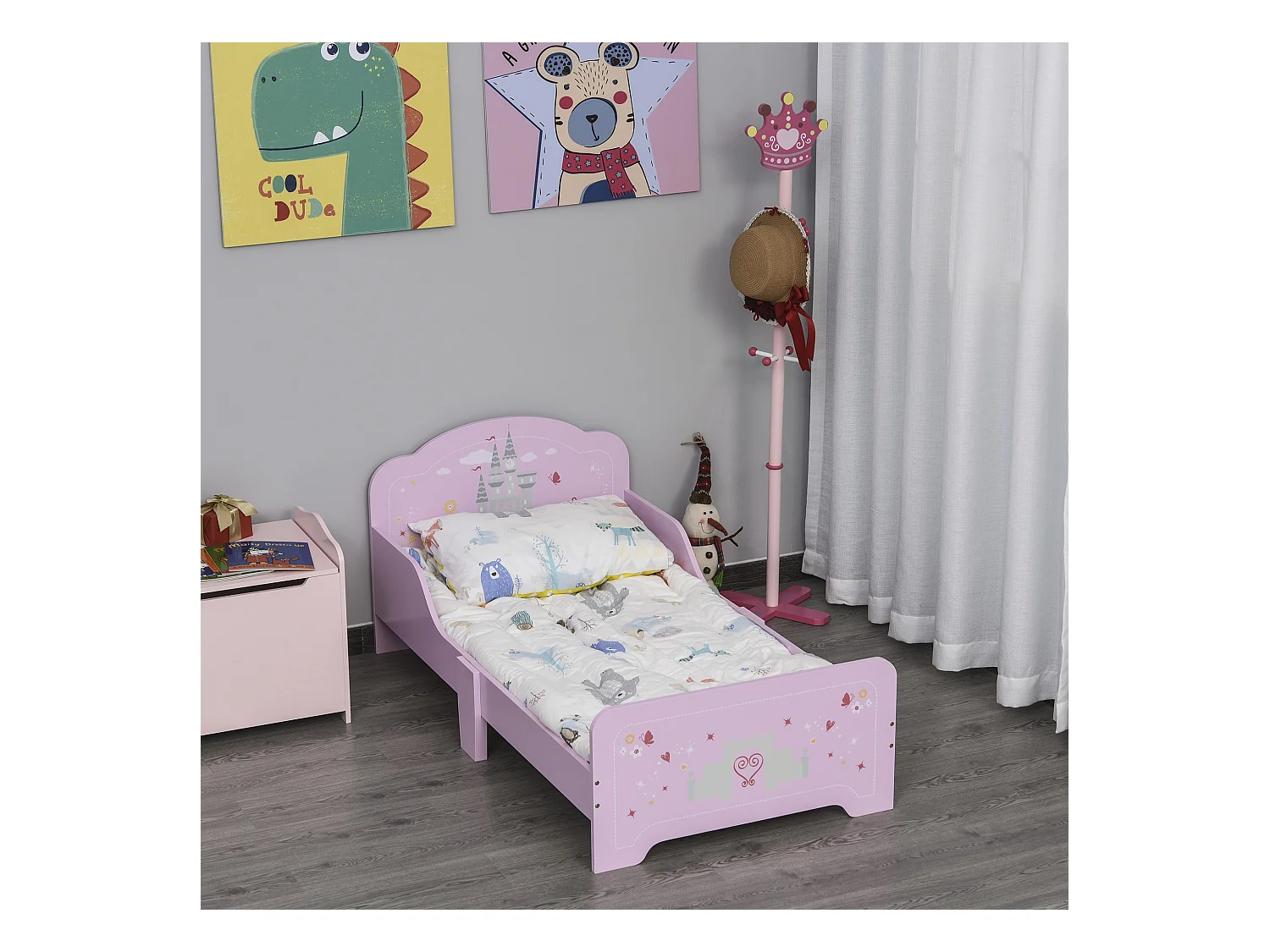 Lit enfant - lit d'enfant design princesse motif château - sommier à lattes inclus - MDF contre-plaqué rose