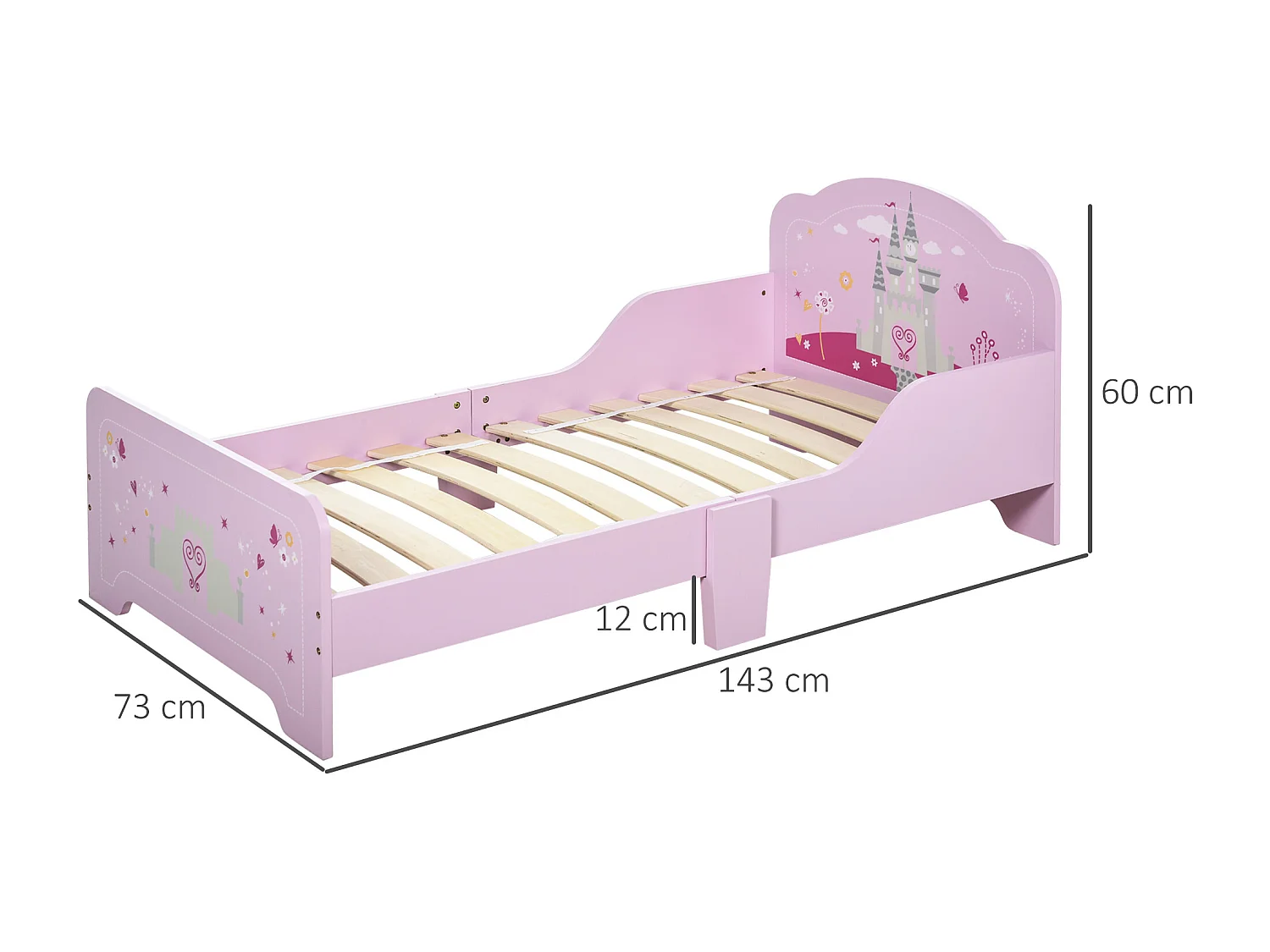 Lit enfant - lit d'enfant design princesse motif château - sommier à lattes inclus - MDF contre-plaqué rose