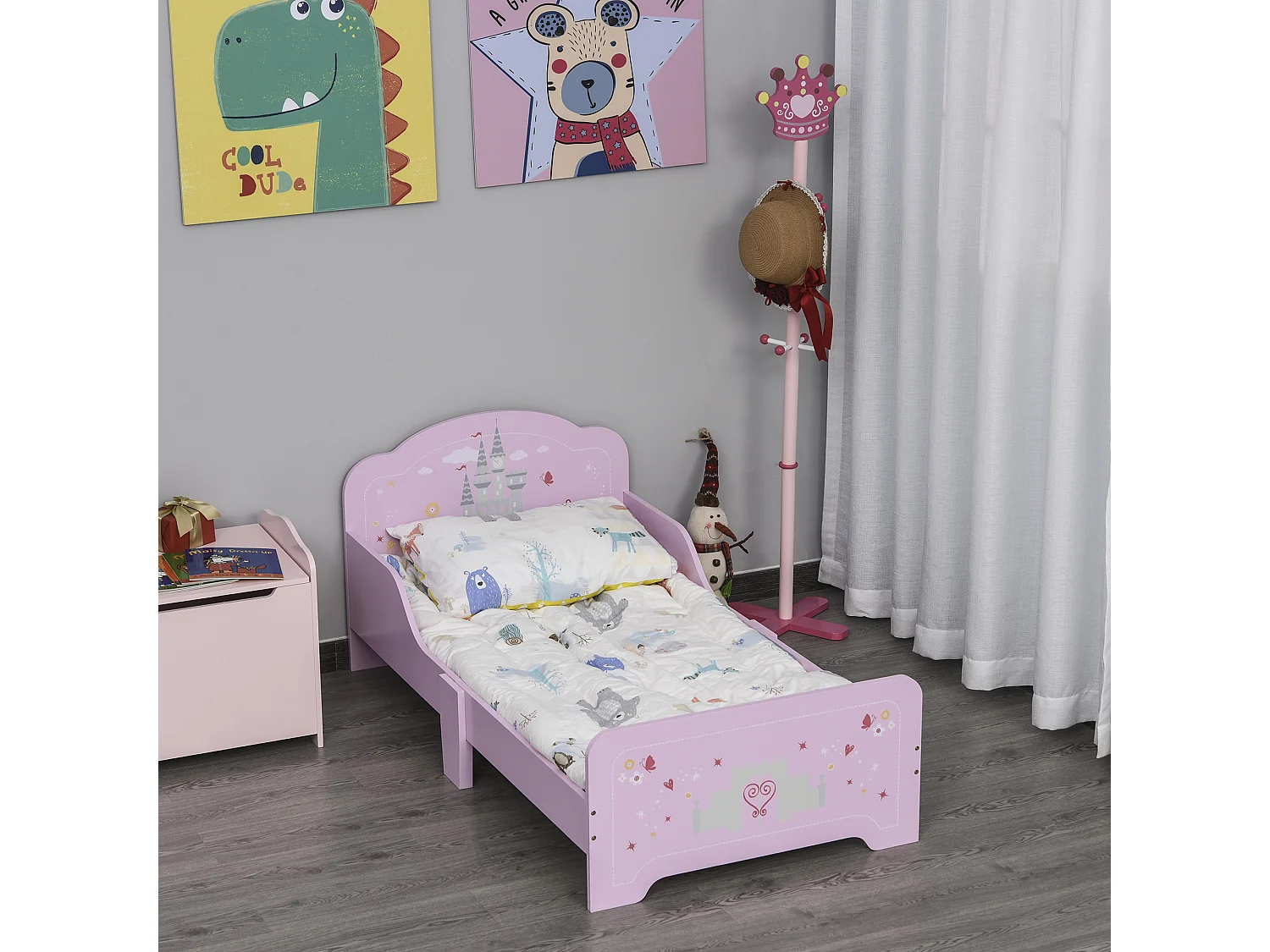 Lit enfant - lit d'enfant design princesse motif château - sommier à lattes inclus - MDF contre-plaqué rose