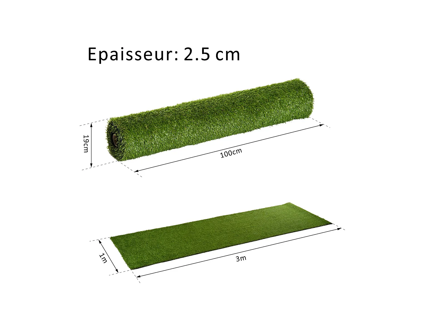 Gazon synthétique artificiel moquette extérieure intérieure 3L x 1l m herbes hautes denses 2,5 cm vert
