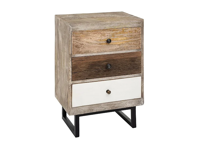 Table d'appoint Table de chevet 3 tiroirs en Bois de Manguier aspect vieilli H 73 cm