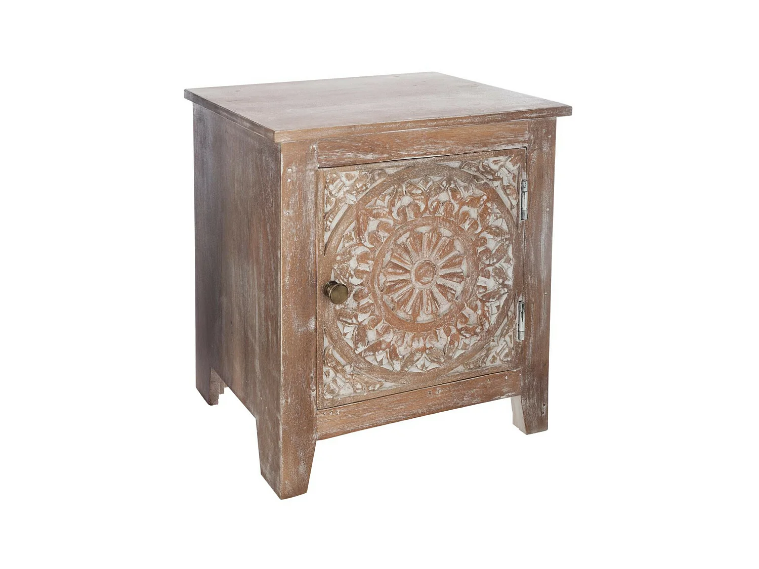 Table d'appoint Table de chevet en bois sculpté effet blanchi 1 porte H 45 cm