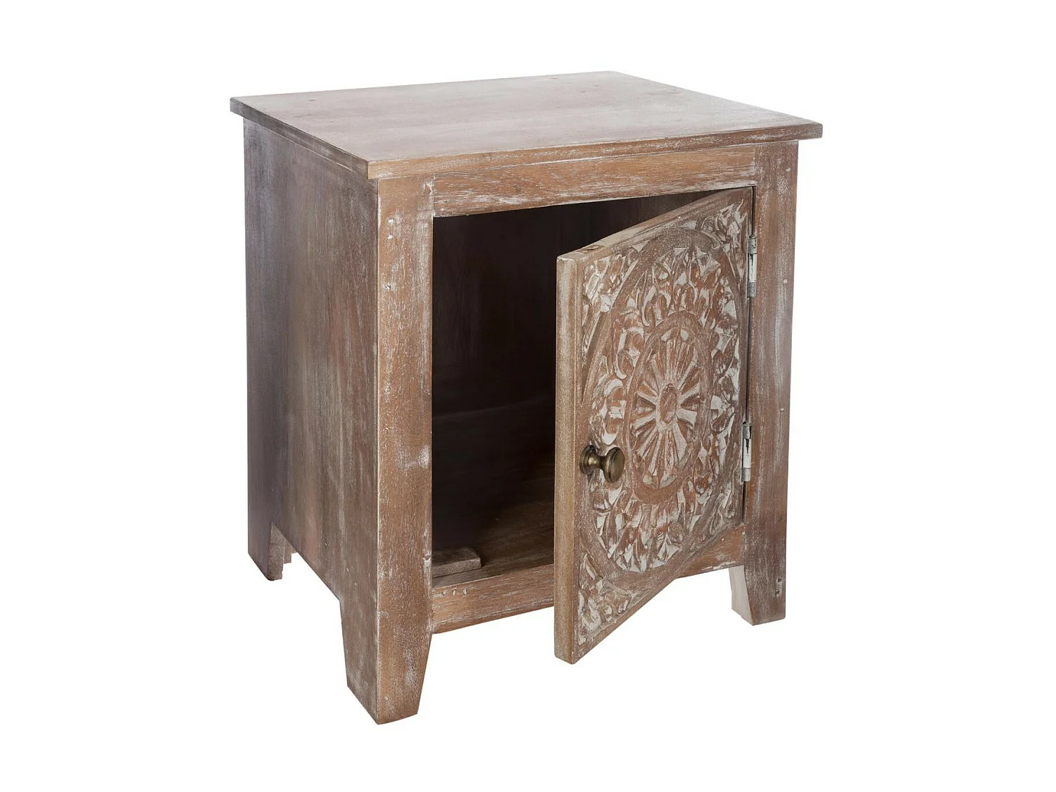 Table d'appoint Table de chevet en bois sculpté effet blanchi 1 porte H 45 cm