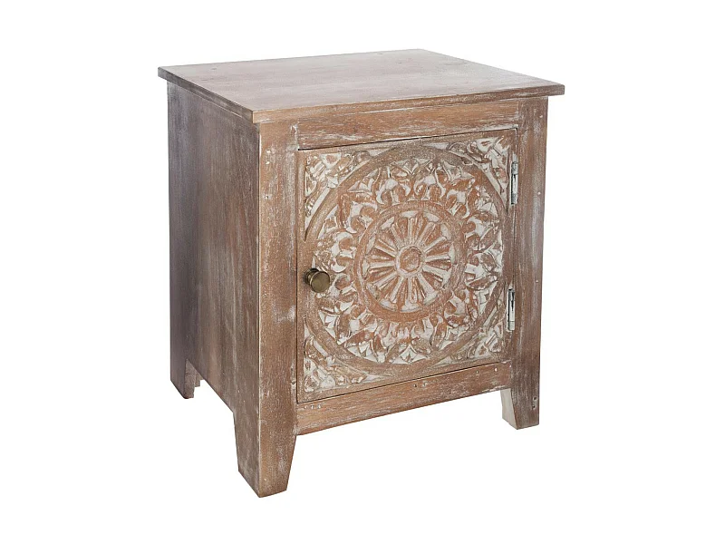 Table d'appoint Table de chevet en bois sculpté effet blanchi 1 porte H 45 cm