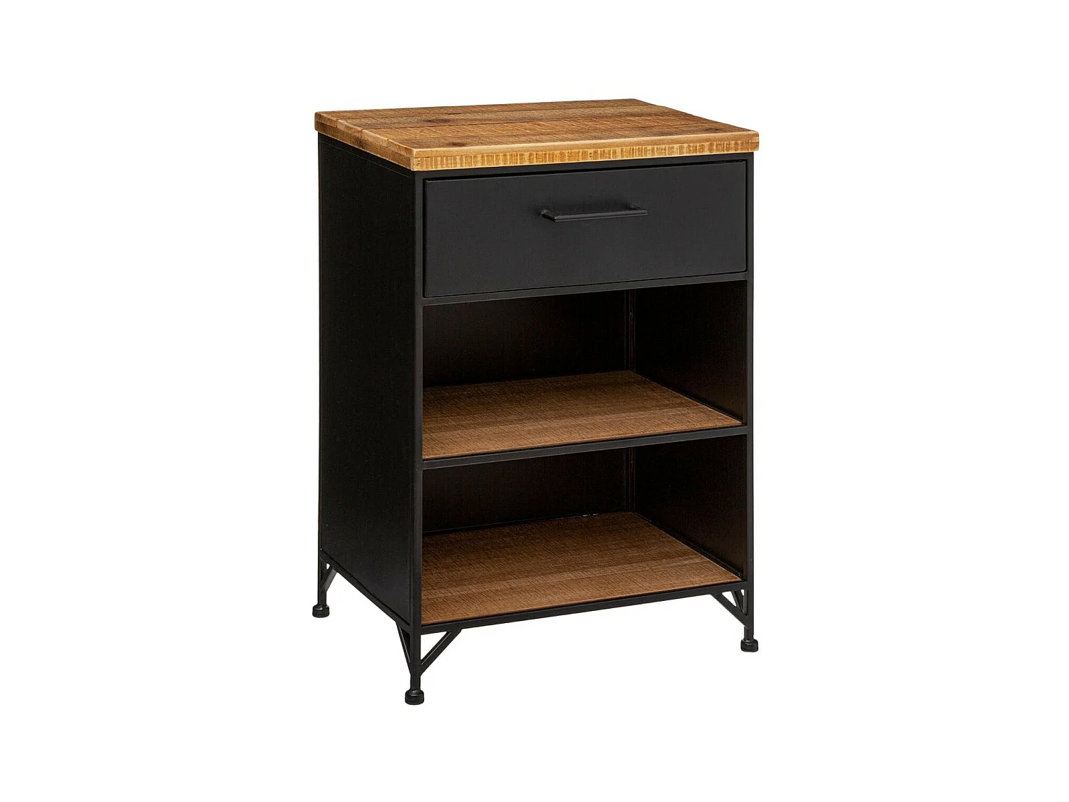 Table d'appoint Table de Chevet 1 Tiroir et 2 étagères en Métal noir industriel et Bois H 63.5 cm