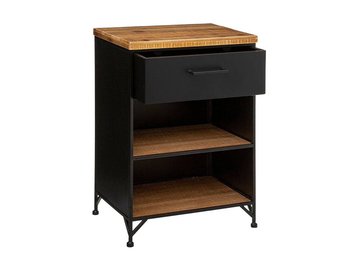 Table d'appoint Table de Chevet 1 Tiroir et 2 étagères en Métal noir industriel et Bois H 63.5 cm