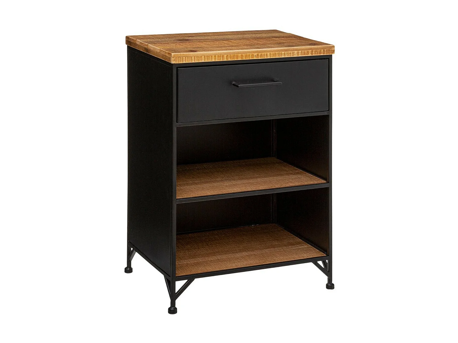 Table d'appoint Table de Chevet 1 Tiroir et 2 étagères en Métal noir industriel et Bois H 63.5 cm