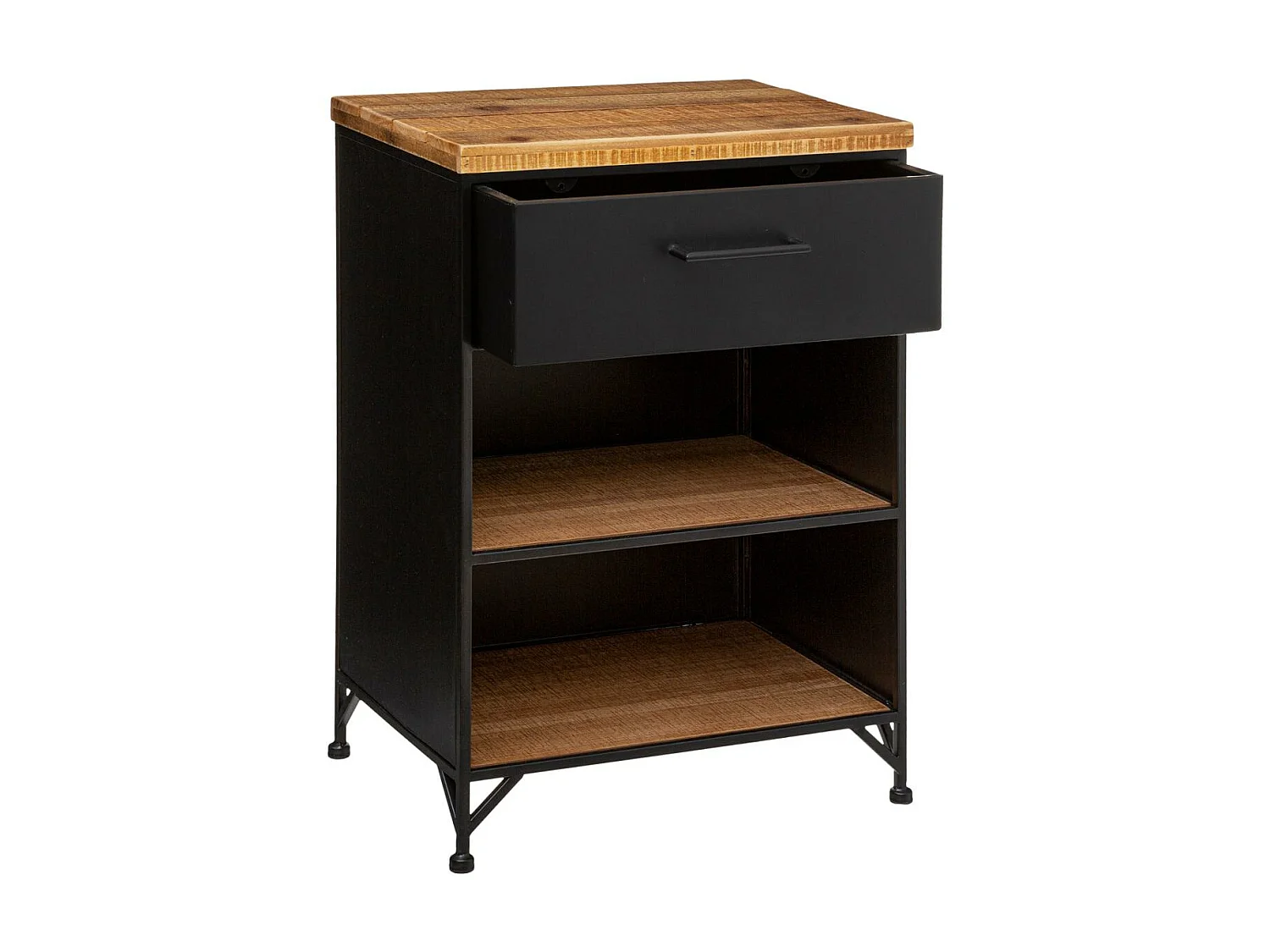 Table d'appoint Table de Chevet 1 Tiroir et 2 étagères en Métal noir industriel et Bois H 63.5 cm