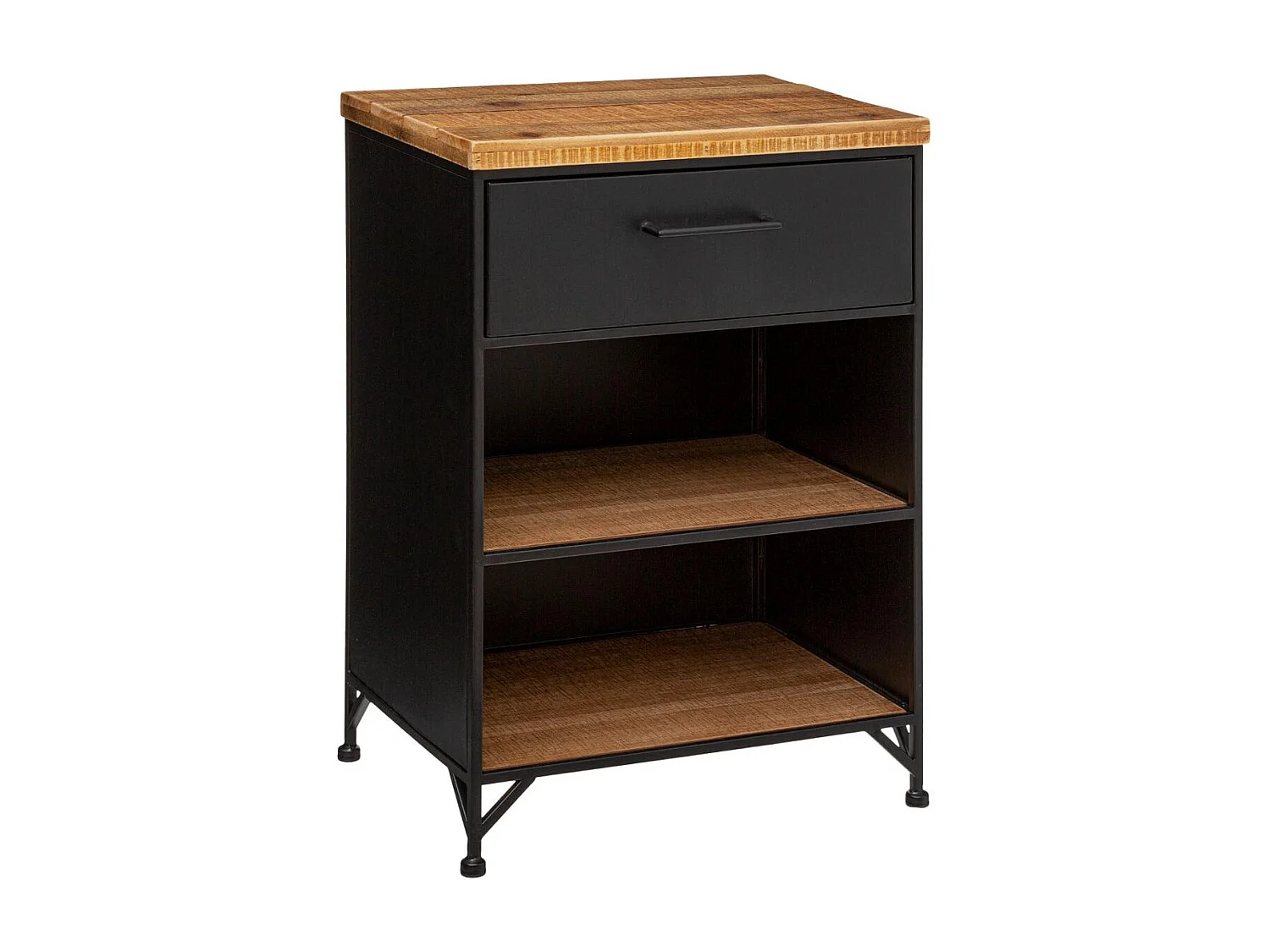 Table d'appoint Table de Chevet 1 Tiroir et 2 étagères en Métal noir industriel et Bois H 63.5 cm