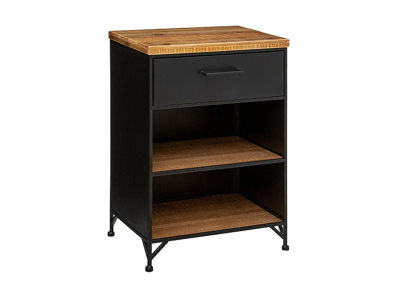 Table d'appoint Table de Chevet 1 Tiroir et 2 étagères en Métal noir industriel et Bois H 63.5 cm