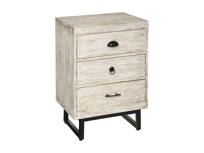 Table d'appoint Table de chevet 3 Tiroirs en Métal et Bois de Manguier sculpté