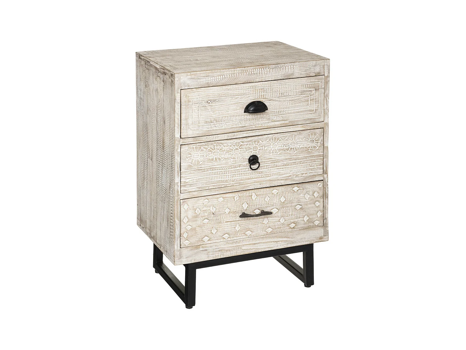 Table d'appoint Table de chevet 3 Tiroirs en Métal et Bois de Manguier sculpté