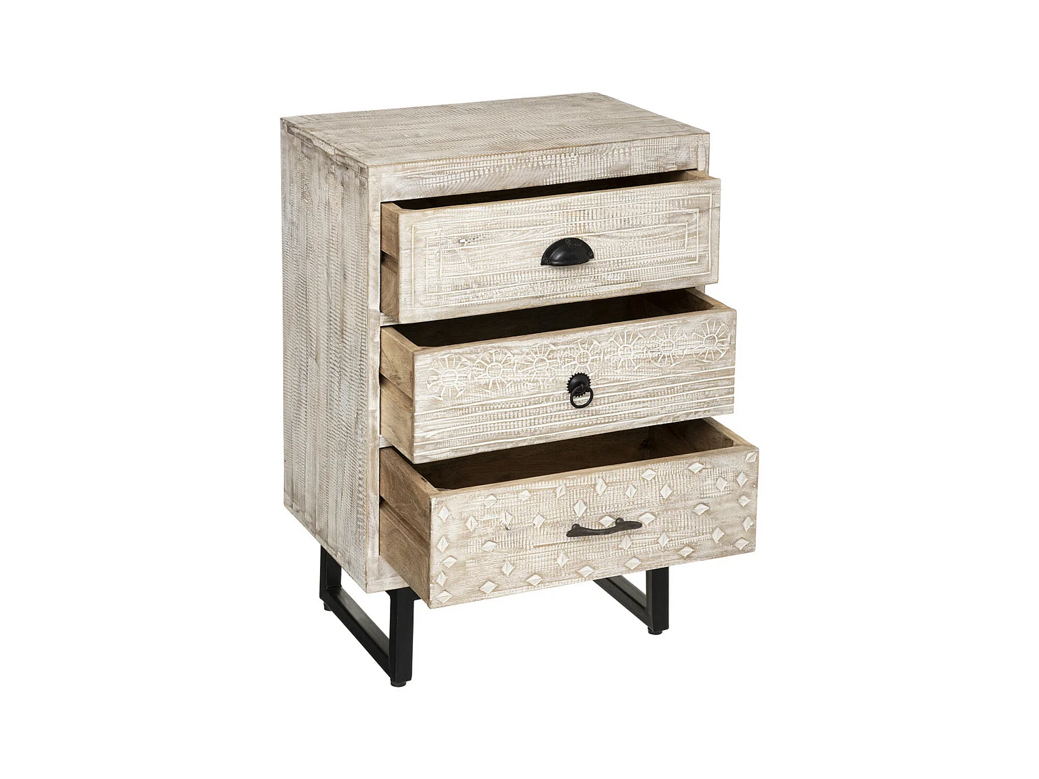 Table d'appoint Table de chevet 3 Tiroirs en Métal et Bois de Manguier sculpté