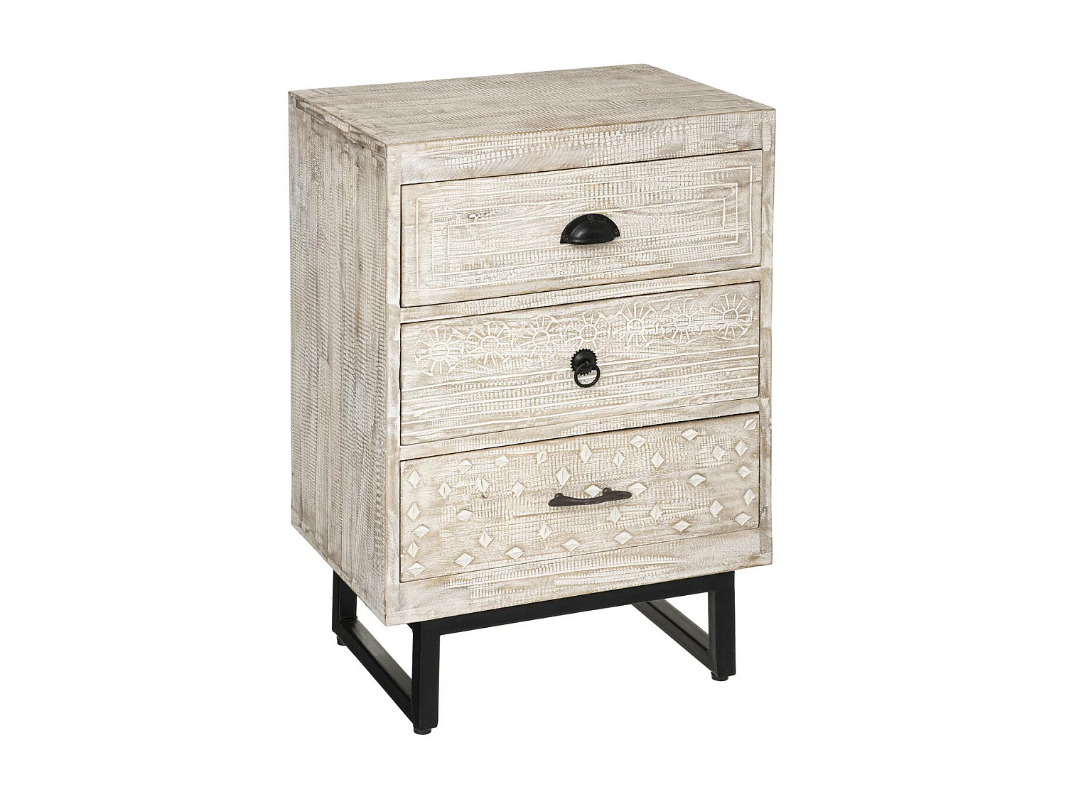 Table d'appoint Table de chevet 3 Tiroirs en Métal et Bois de Manguier sculpté