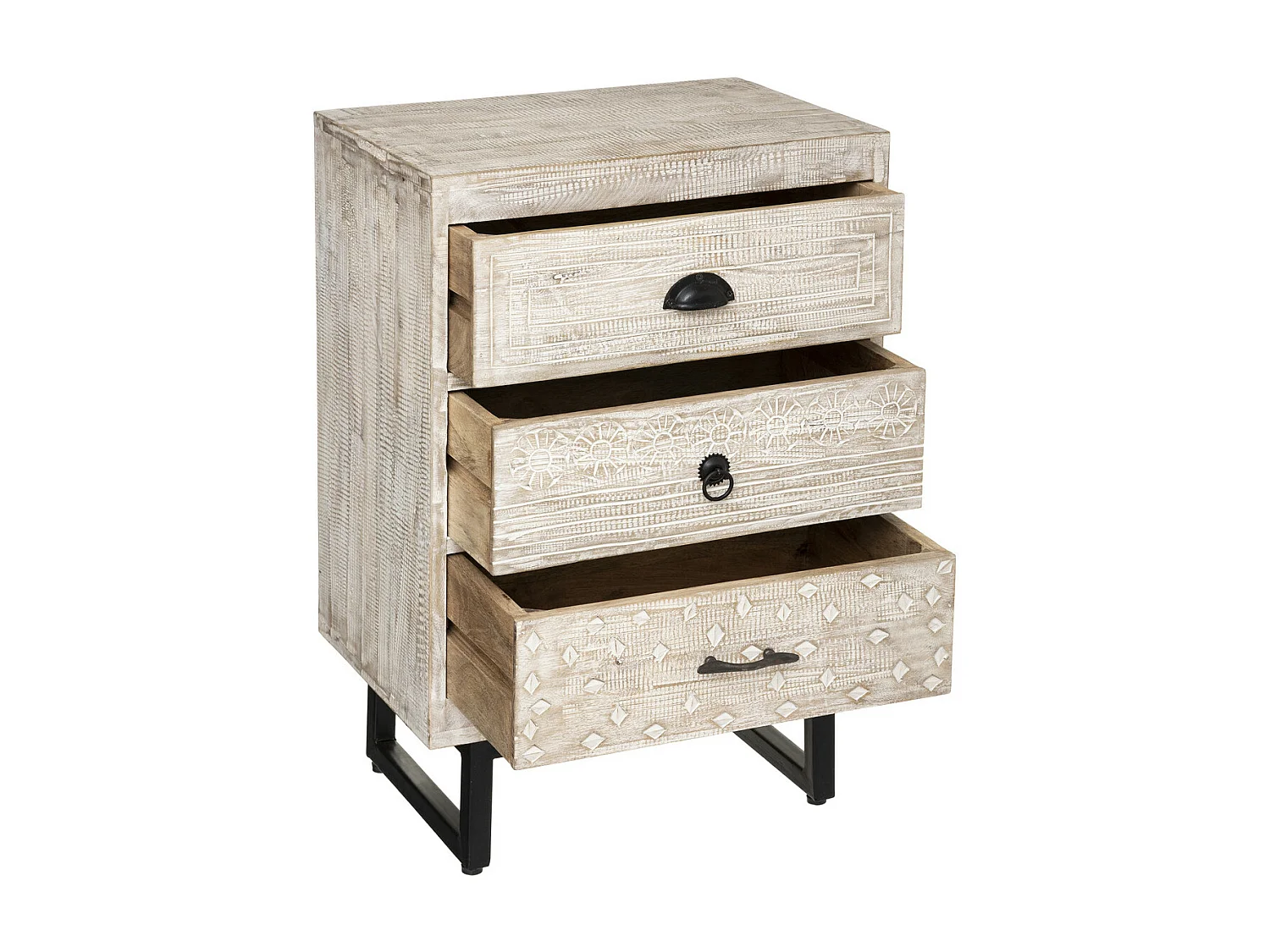 Table d'appoint Table de chevet 3 Tiroirs en Métal et Bois de Manguier sculpté