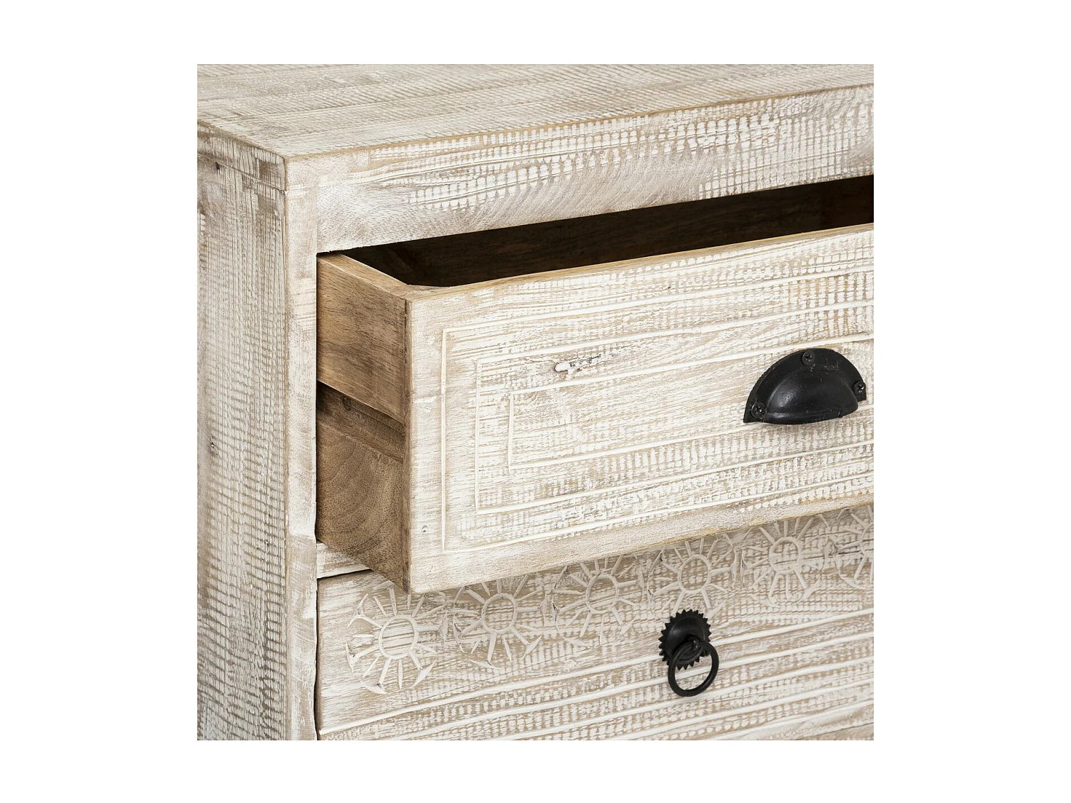 Table d'appoint Table de chevet 3 Tiroirs en Métal et Bois de Manguier sculpté