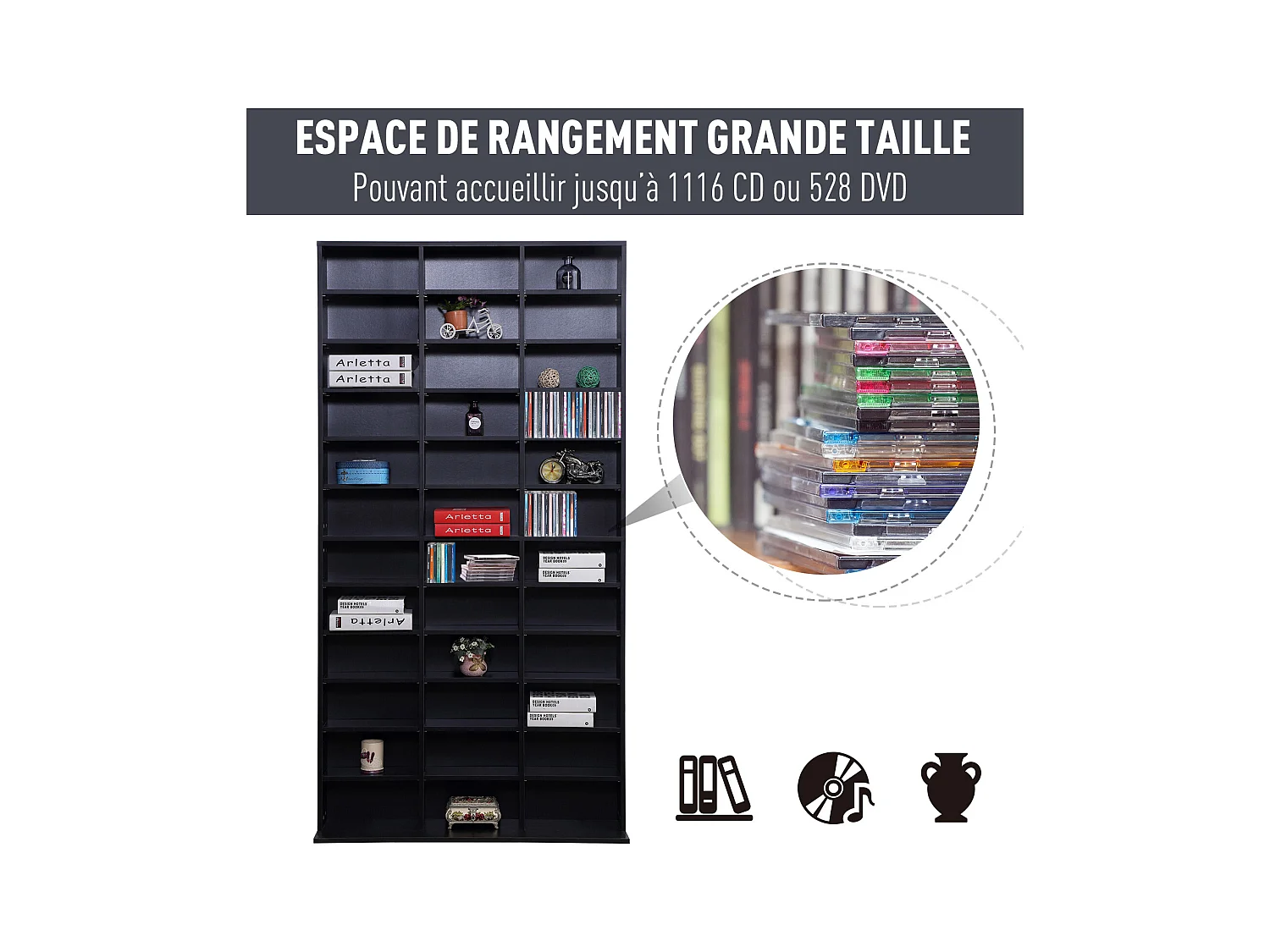 Étagère rangement CD/DVD meuble de rangement pour 1116 CDs 33 compartiments réglables en hauteur 102 x 24 x 195 cm noir