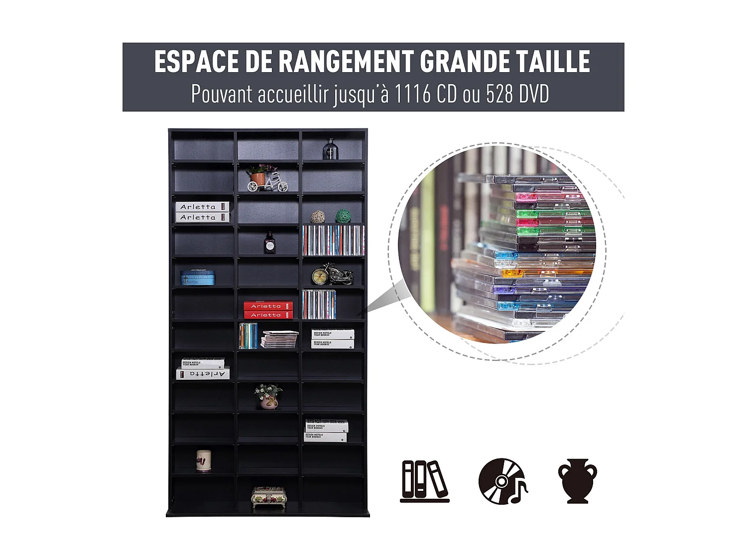 Étagère rangement CD/DVD meuble de rangement pour 1116 CDs 33 compartiments réglables en hauteur 102 x 24 x 195 cm noir