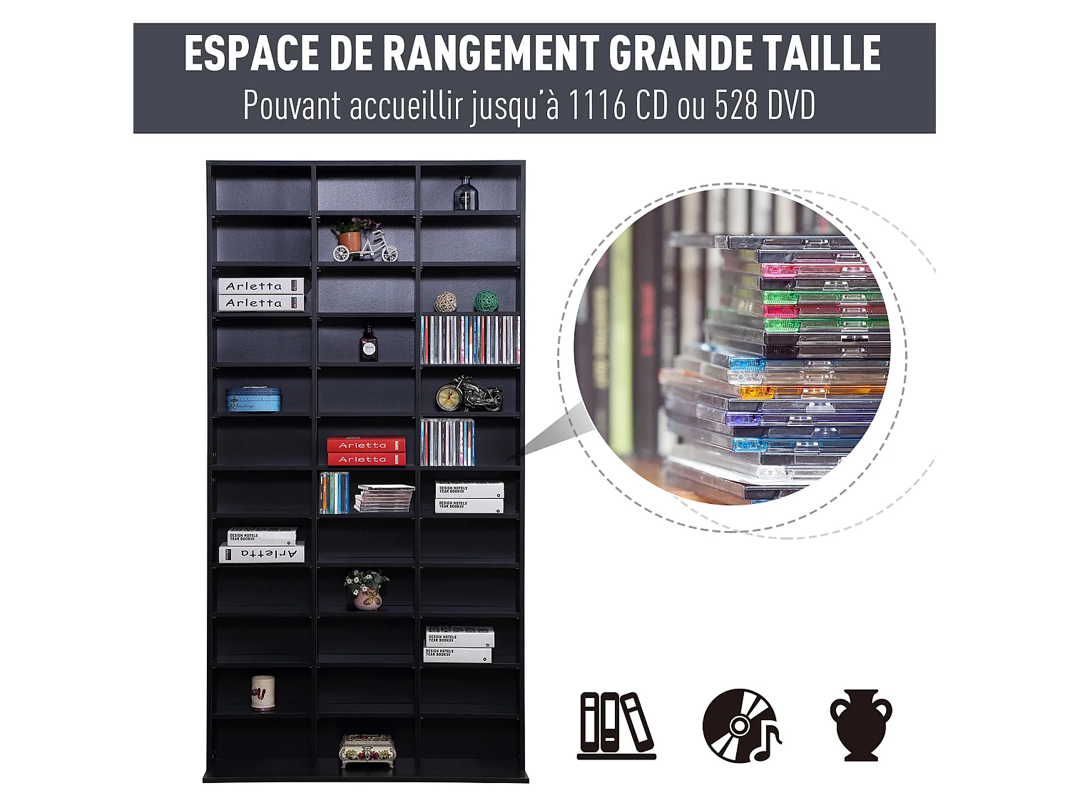 Étagère rangement CD/DVD meuble de rangement pour 1116 CDs 33 compartiments réglables en hauteur 102 x 24 x 195 cm noir