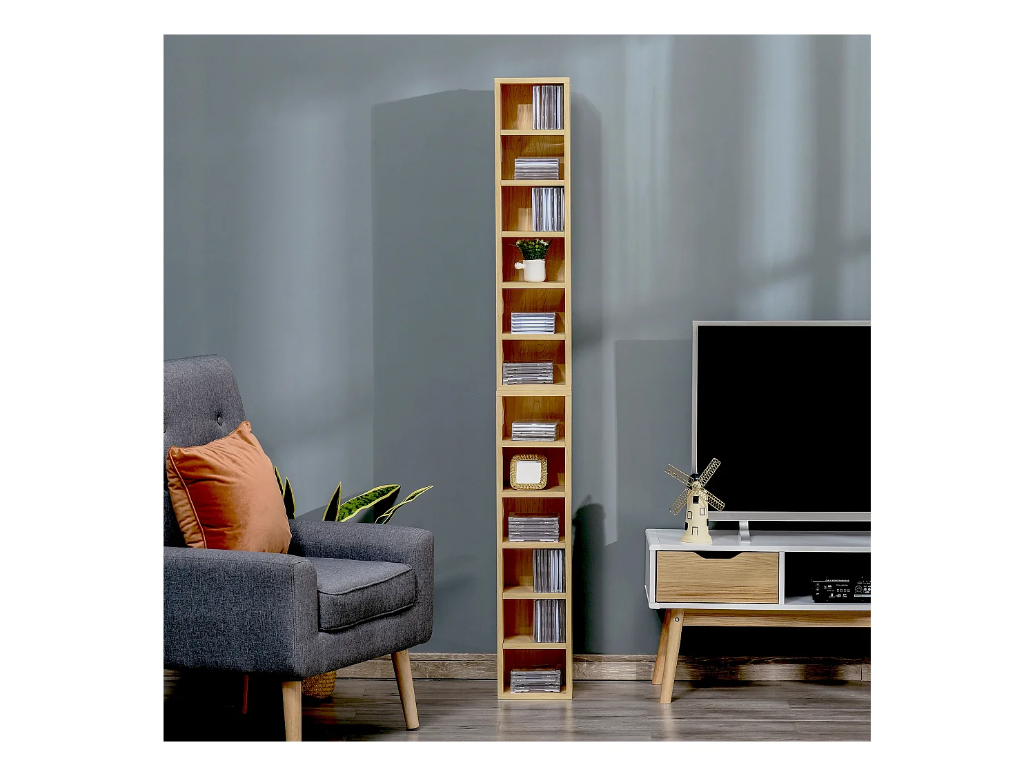 Lot de 2 étagères colonnes armoire de rangement CD-DVD 6 + 6 compartiments dim. 21L x 19l x 88H cm capacité max. 204 CD coloris hêtre