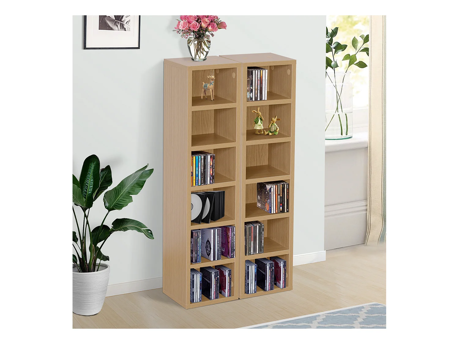 Lot de 2 étagères colonnes armoire de rangement CD-DVD 6 + 6 compartiments dim. 21L x 19l x 88H cm capacité max. 204 CD coloris hêtre