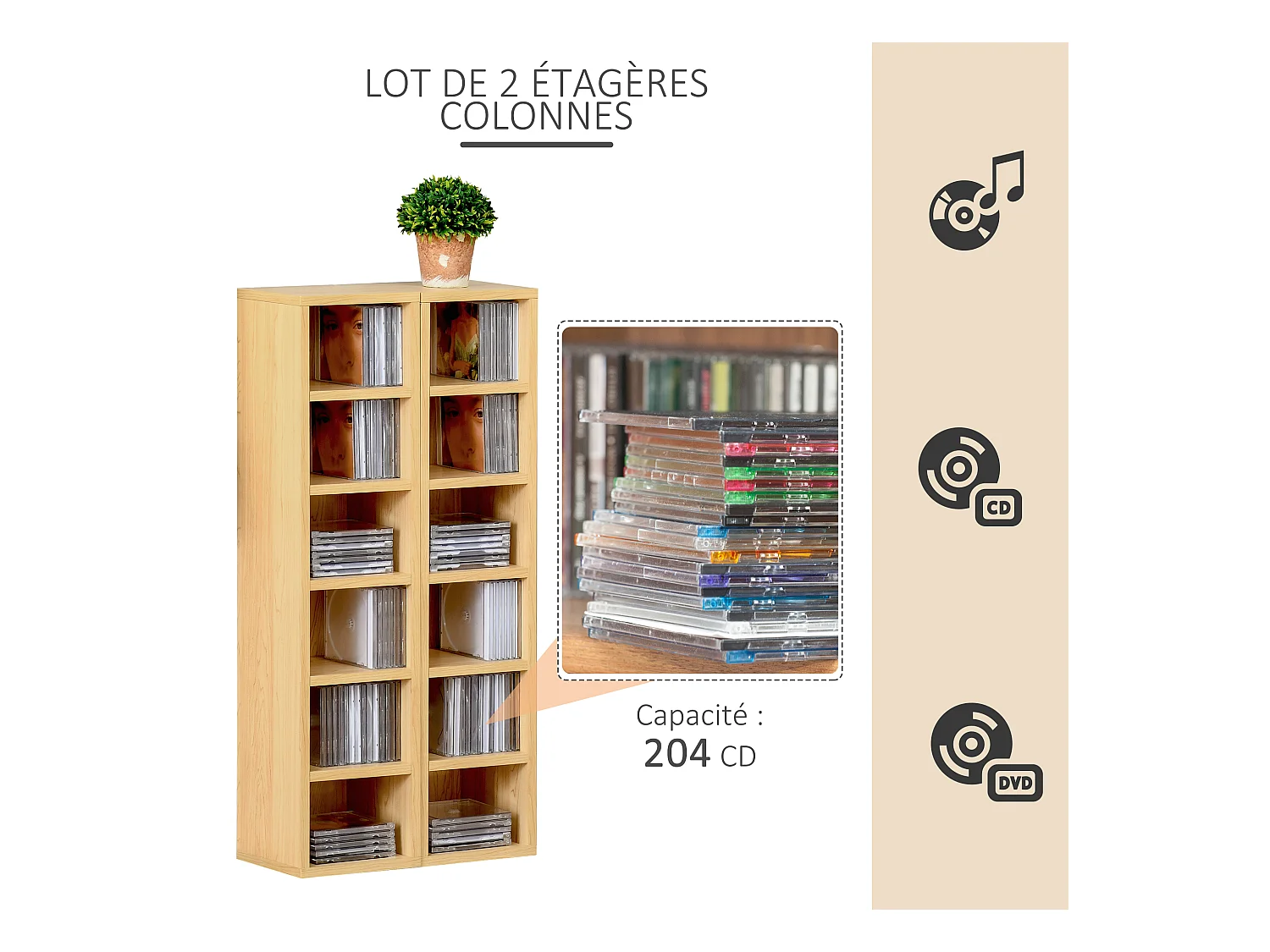 Lot de 2 étagères colonnes armoire de rangement CD-DVD 6 + 6 compartiments dim. 21L x 19l x 88H cm capacité max. 204 CD coloris hêtre