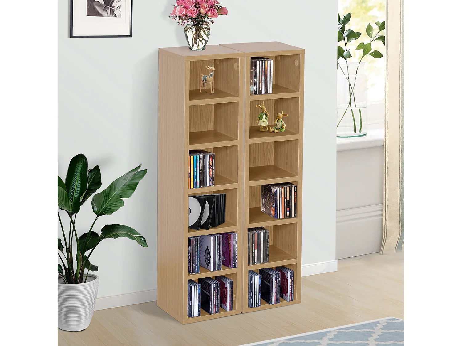 Lot de 2 étagères colonnes armoire de rangement CD-DVD 6 + 6 compartiments dim. 21L x 19l x 88H cm capacité max. 204 CD coloris hêtre