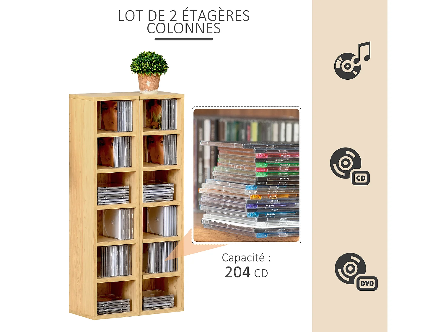 Lot de 2 étagères colonnes armoire de rangement CD-DVD 6 + 6 compartiments dim. 21L x 19l x 88H cm capacité max. 204 CD coloris hêtre