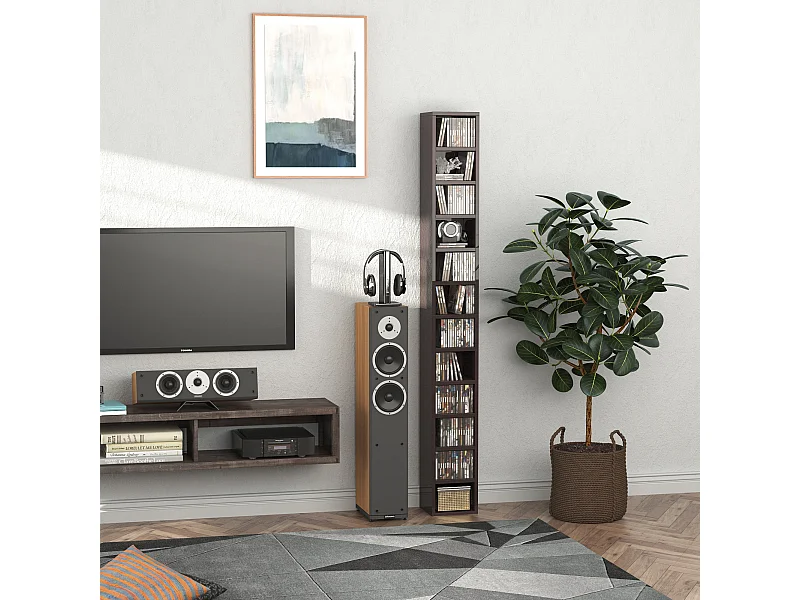 Étagère colonne armoire de rangement CD 12 compartiments 21L x 20l x 175H cm capacité max. 204 CD coloris noyer foncé