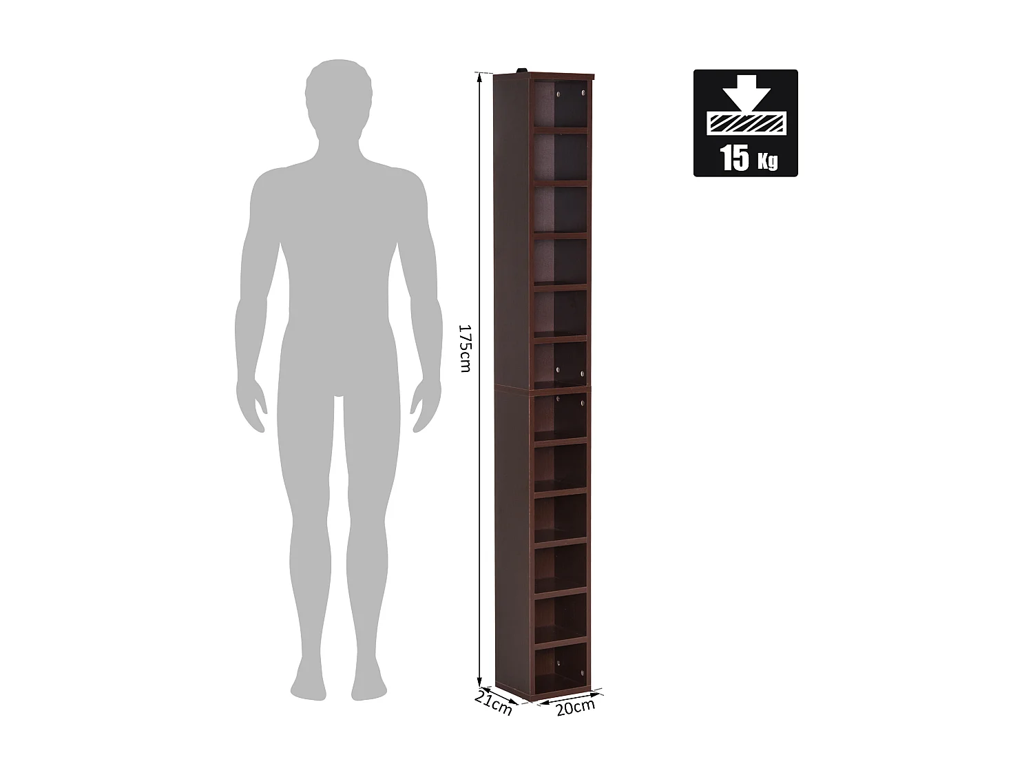 Étagère colonne armoire de rangement CD 12 compartiments 21L x 20l x 175H cm capacité max. 204 CD coloris noyer foncé