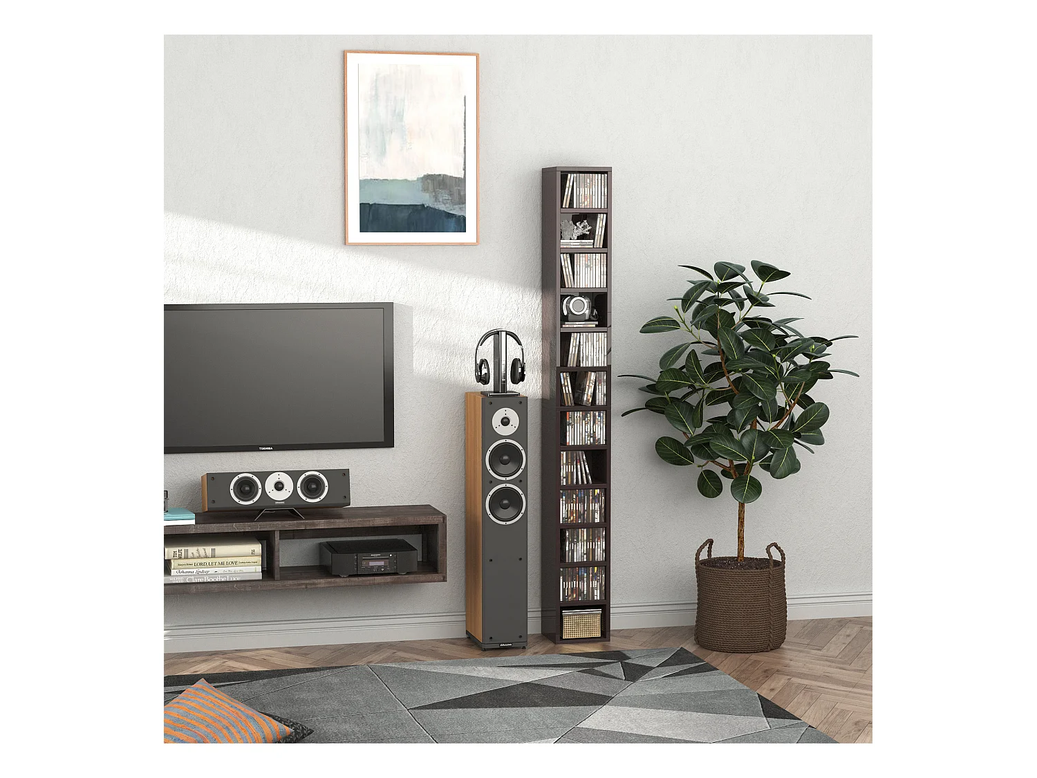Étagère colonne armoire de rangement CD 12 compartiments 21L x 20l x 175H cm capacité max. 204 CD coloris noyer foncé