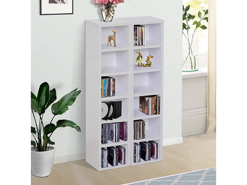 Lot de 2 étagères colonnes armoire de rangement CD-DVD 6 + 6 compartiments dim. 21L x 19l x 88H cm capacité max. 204 CD blanc