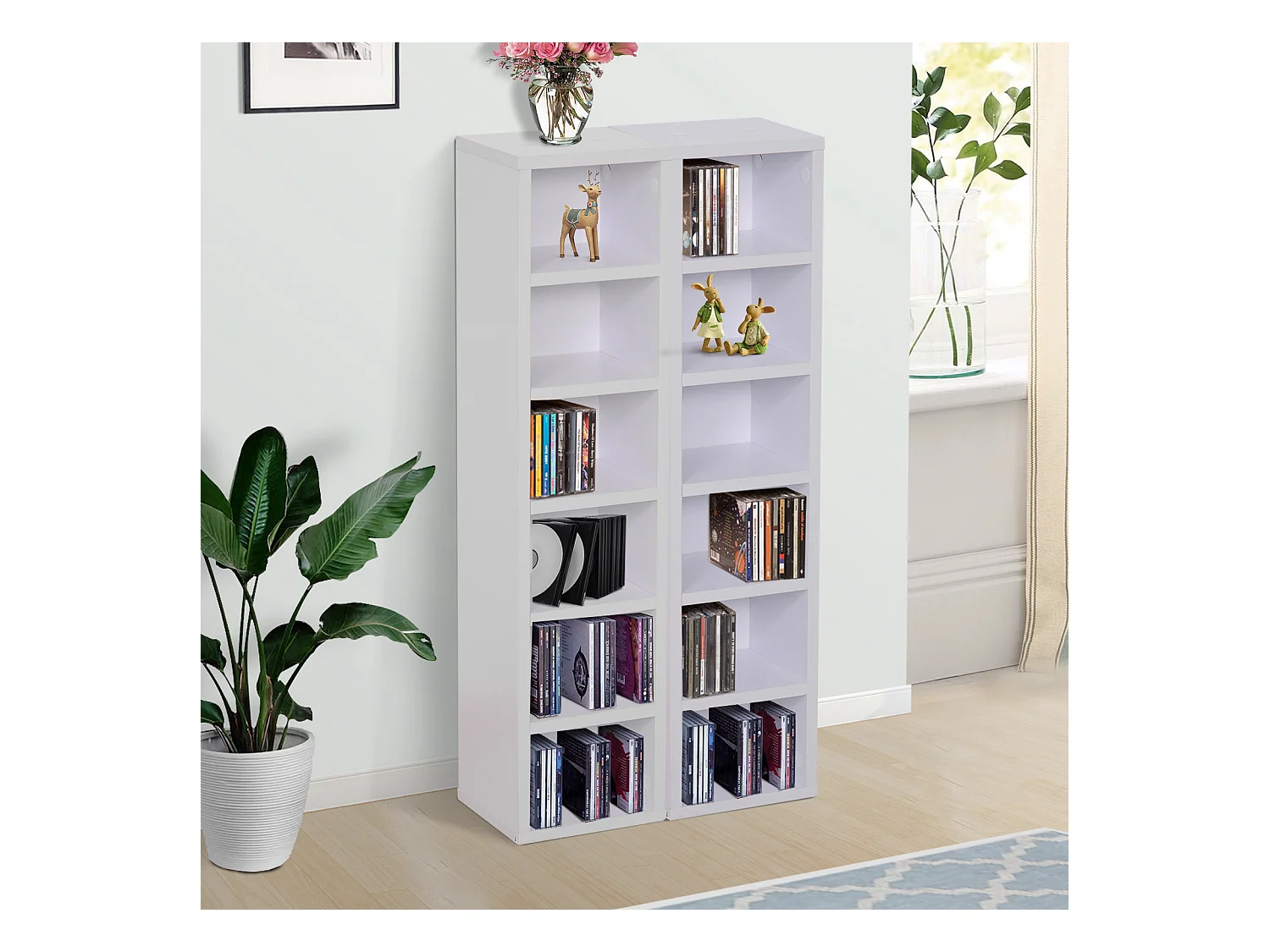 Lot de 2 étagères colonnes armoire de rangement CD-DVD 6 + 6 compartiments dim. 21L x 19l x 88H cm capacité max. 204 CD blanc