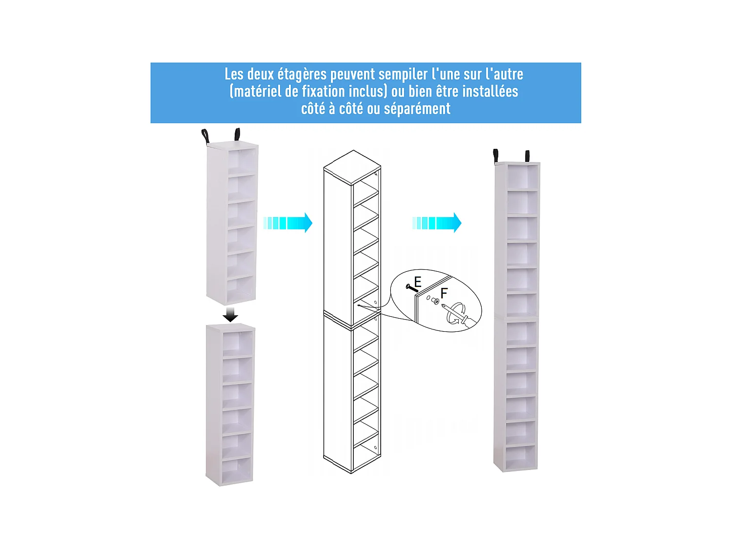 Lot de 2 étagères colonnes armoire de rangement CD-DVD 6 + 6 compartiments dim. 21L x 19l x 88H cm capacité max. 204 CD blanc