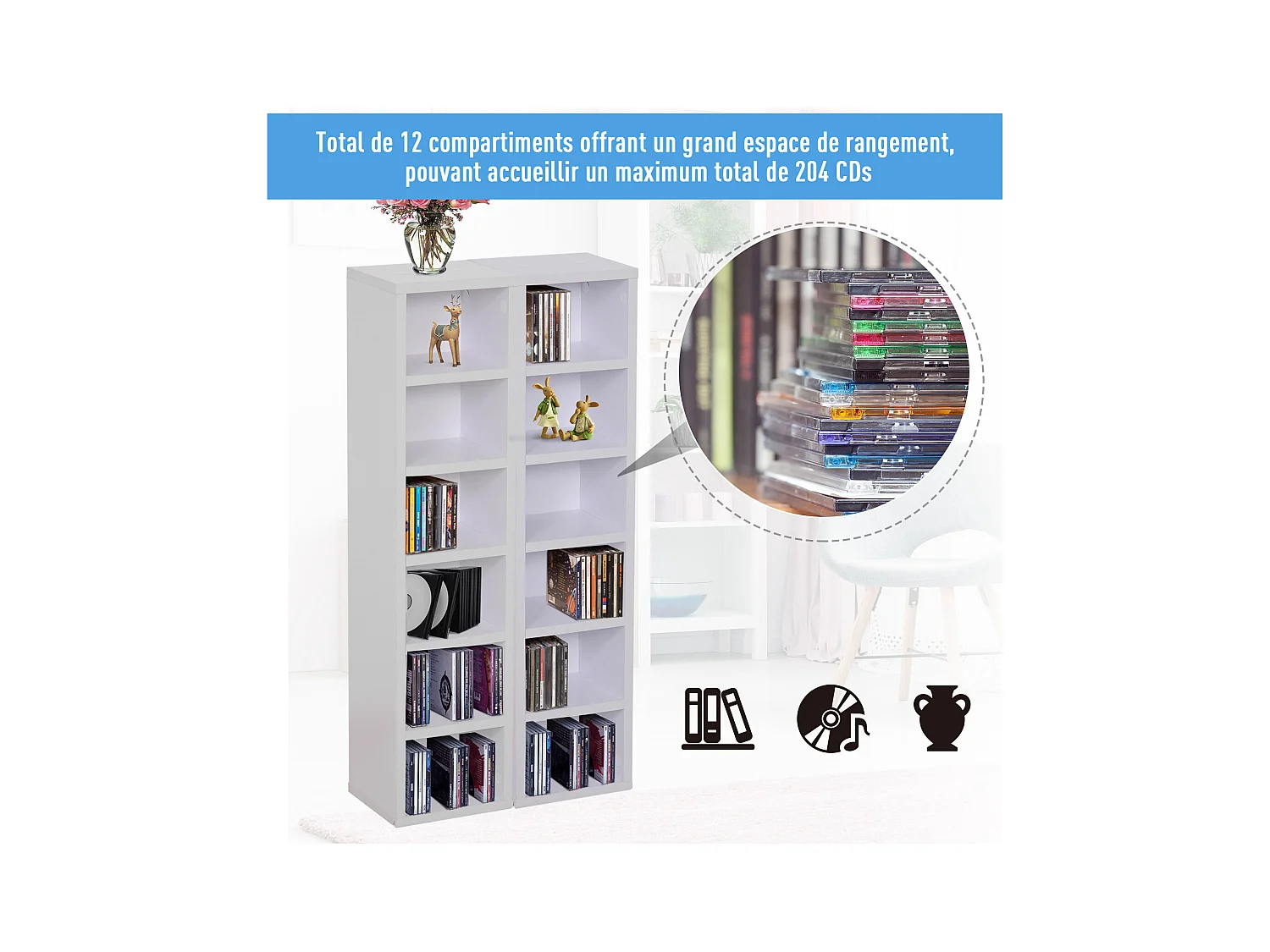 Lot de 2 étagères colonnes armoire de rangement CD-DVD 6 + 6 compartiments dim. 21L x 19l x 88H cm capacité max. 204 CD blanc