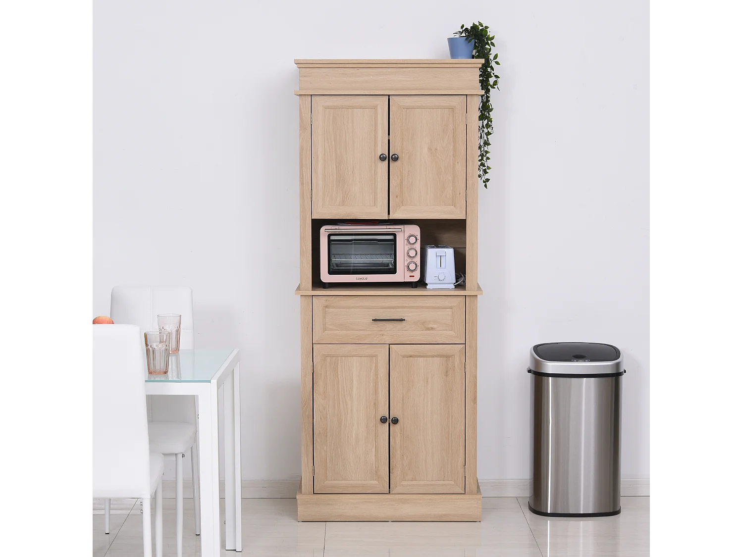 Armoire de cuisine multi-rangements 2 placards 2 portes tiroir niche MDF panneaux chêne clair