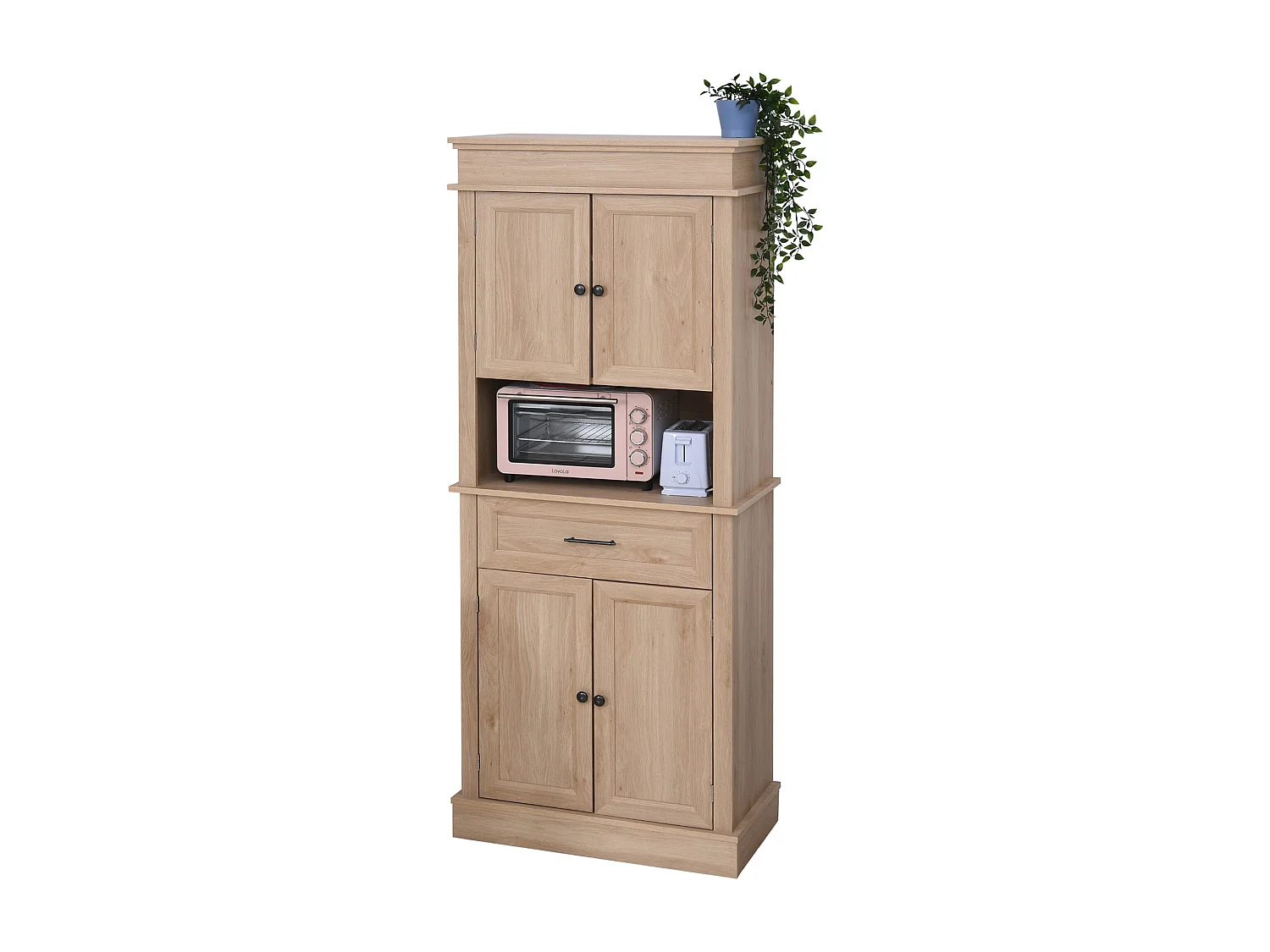 Armoire de cuisine multi-rangements 2 placards 2 portes tiroir niche MDF panneaux chêne clair