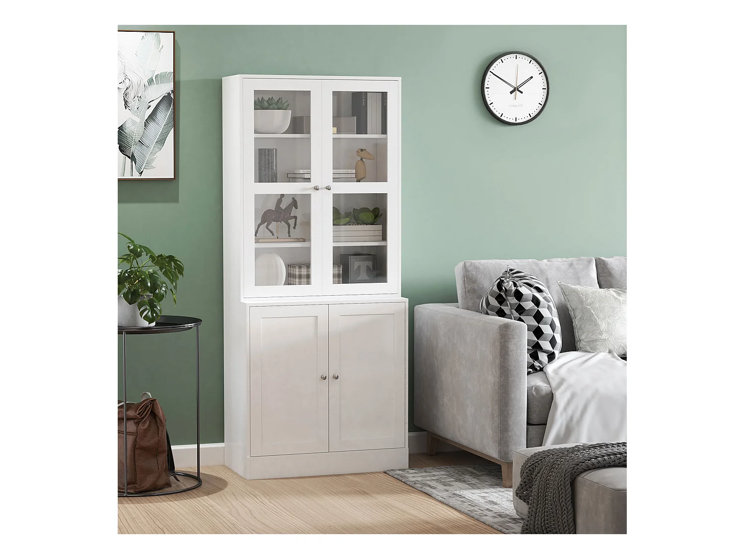 Bibliothèque vitrine multi-rangement - 2 portes verre, 2 portes bois, 4 étagères réglables - MDF blanc