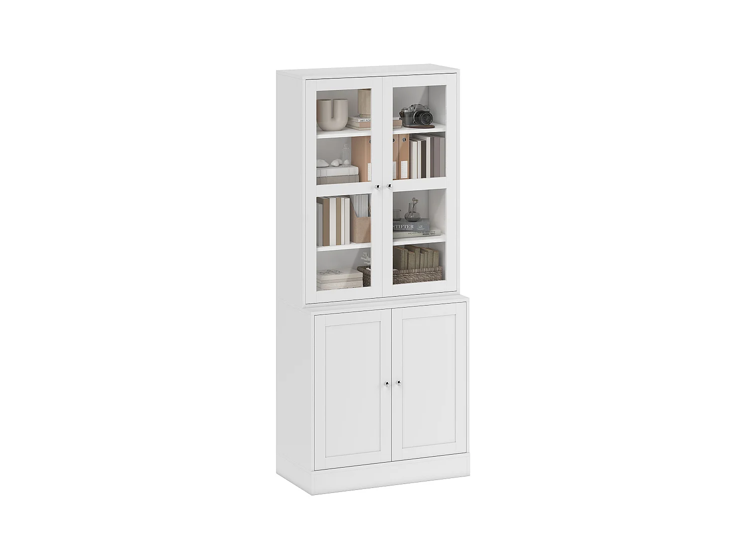 Bibliothèque vitrine multi-rangement - 2 portes verre, 2 portes bois, 4 étagères réglables - MDF blanc