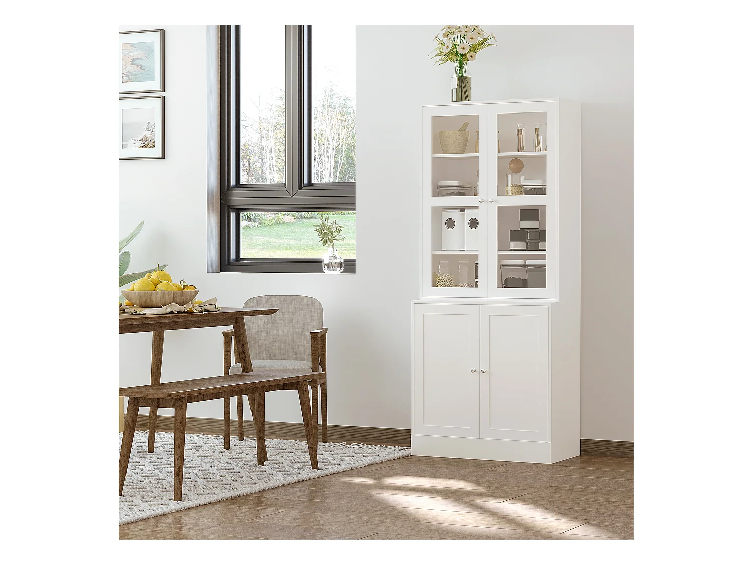 Bibliothèque vitrine multi-rangement - 2 portes verre, 2 portes bois, 4 étagères réglables - MDF blanc