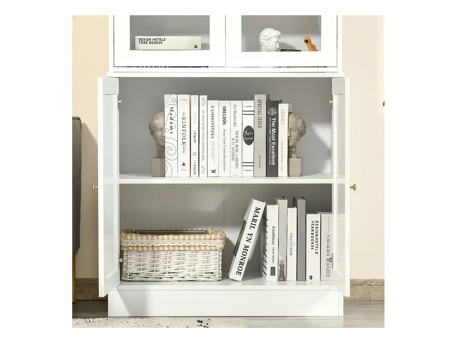 Bibliothèque vitrine multi-rangement - 2 portes verre, 2 portes bois, 4 étagères réglables - MDF blanc