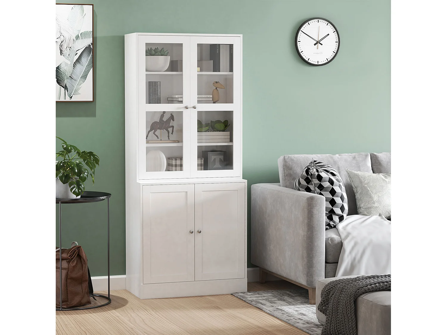 Bibliothèque vitrine multi-rangement - 2 portes verre, 2 portes bois, 4 étagères réglables - MDF blanc