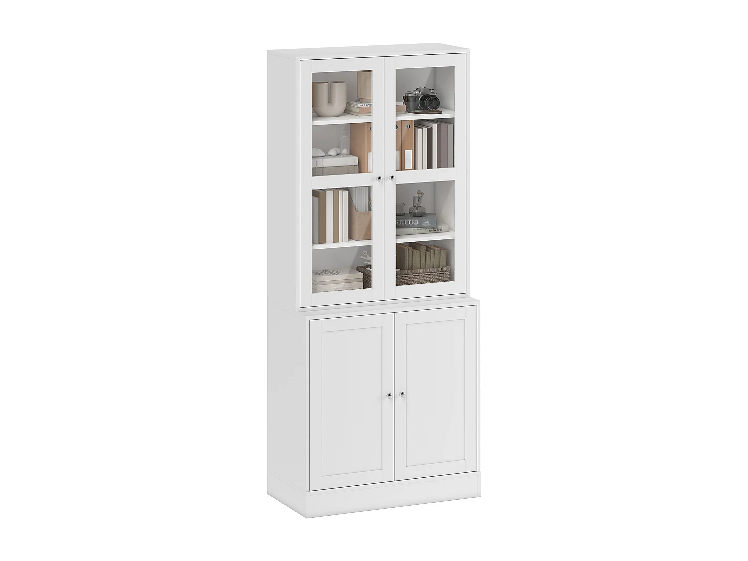 Bibliothèque vitrine multi-rangement - 2 portes verre, 2 portes bois, 4 étagères réglables - MDF blanc