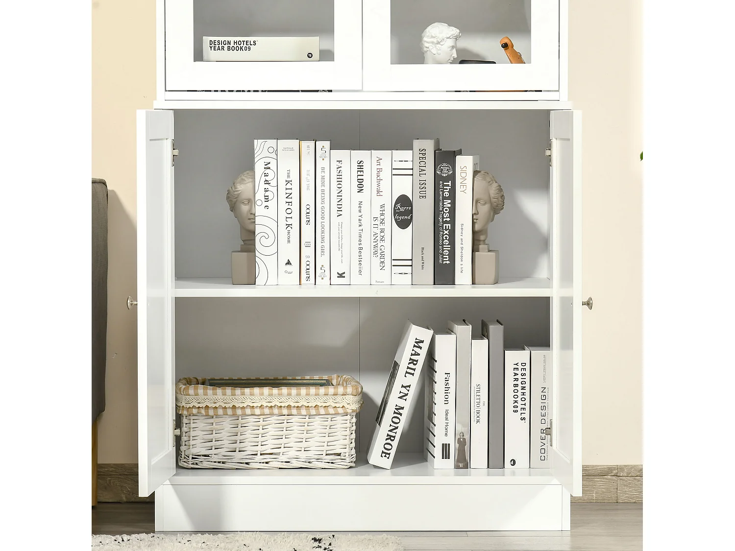 Bibliothèque vitrine multi-rangement - 2 portes verre, 2 portes bois, 4 étagères réglables - MDF blanc