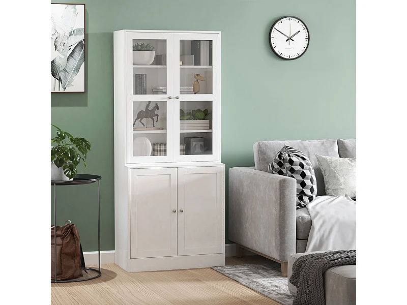 Bibliothèque vitrine multi-rangement - 2 portes verre, 2 portes bois, 4 étagères réglables - MDF blanc