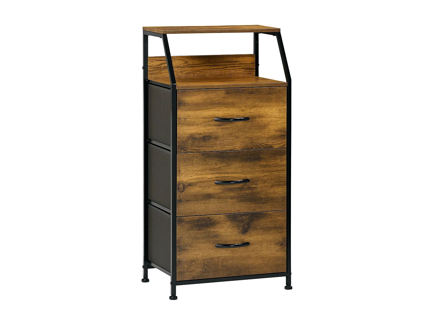 Meuble de rangement colonne design industriel - 3 tiroirs, niche, étagère - châssis acier noir MDF aspect bois avec veinage