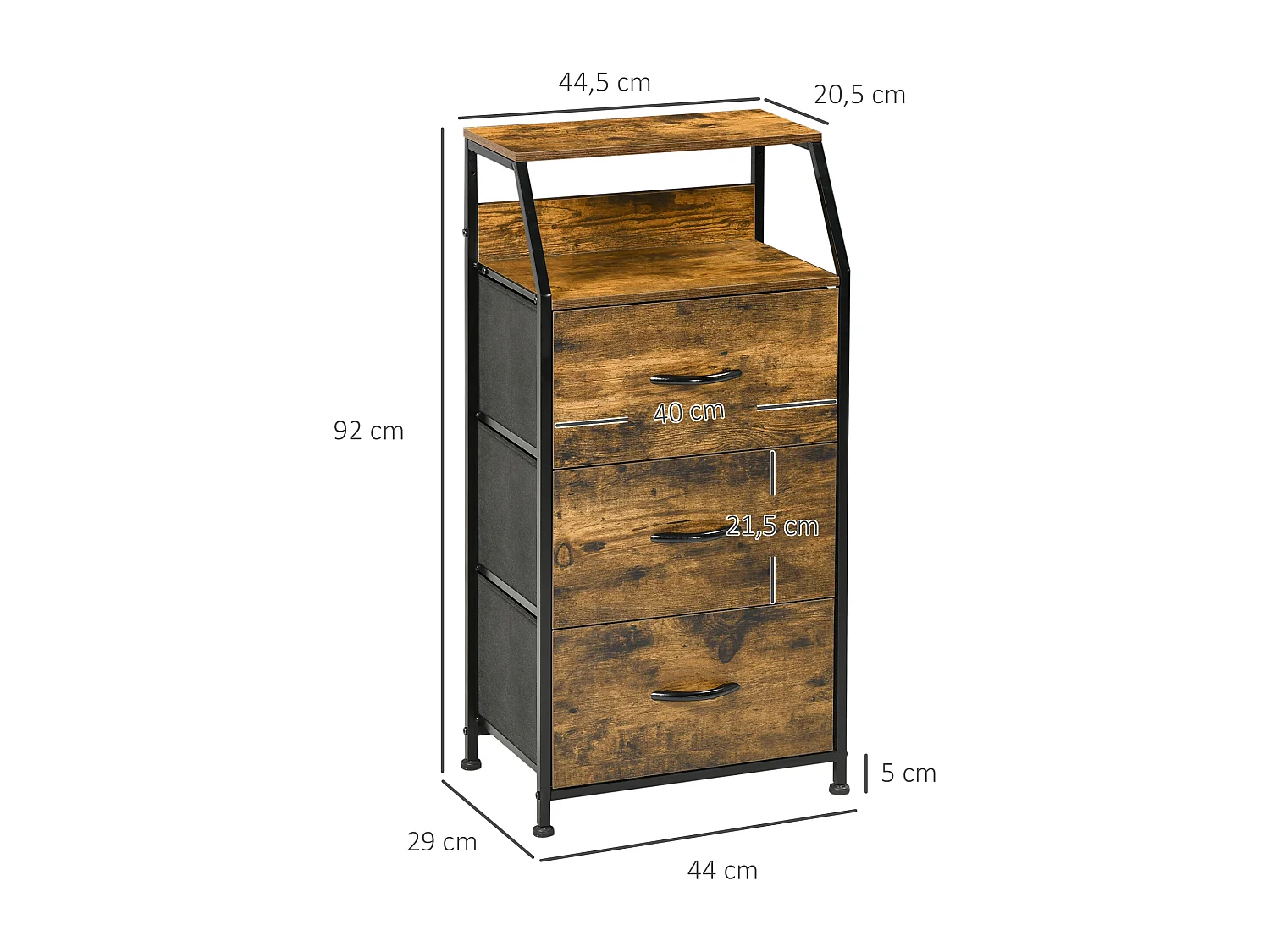 Meuble de rangement colonne design industriel - 3 tiroirs, niche, étagère - châssis acier noir MDF aspect bois avec veinage