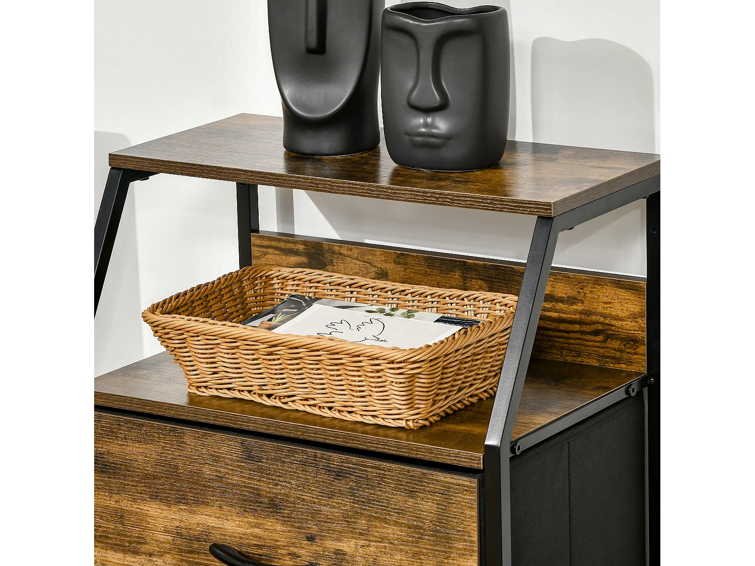 Meuble de rangement colonne design industriel - 3 tiroirs, niche, étagère - châssis acier noir MDF aspect bois avec veinage