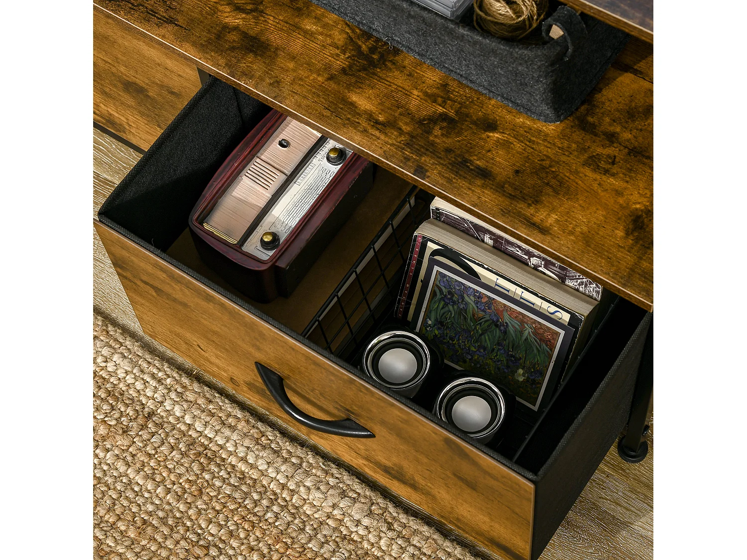 Meuble de rangement colonne design industriel - 3 tiroirs, niche, étagère - châssis acier noir MDF aspect bois avec veinage